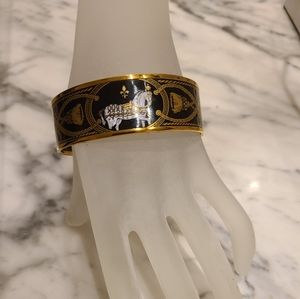 AUTH HERMES Black Grand Apparat Horse Print Wide